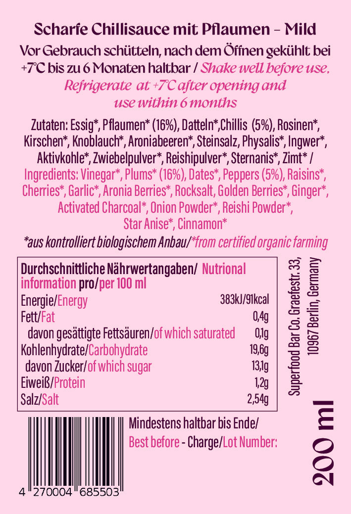 Back label of Black Magic Plum hot sauce showing nutritional information