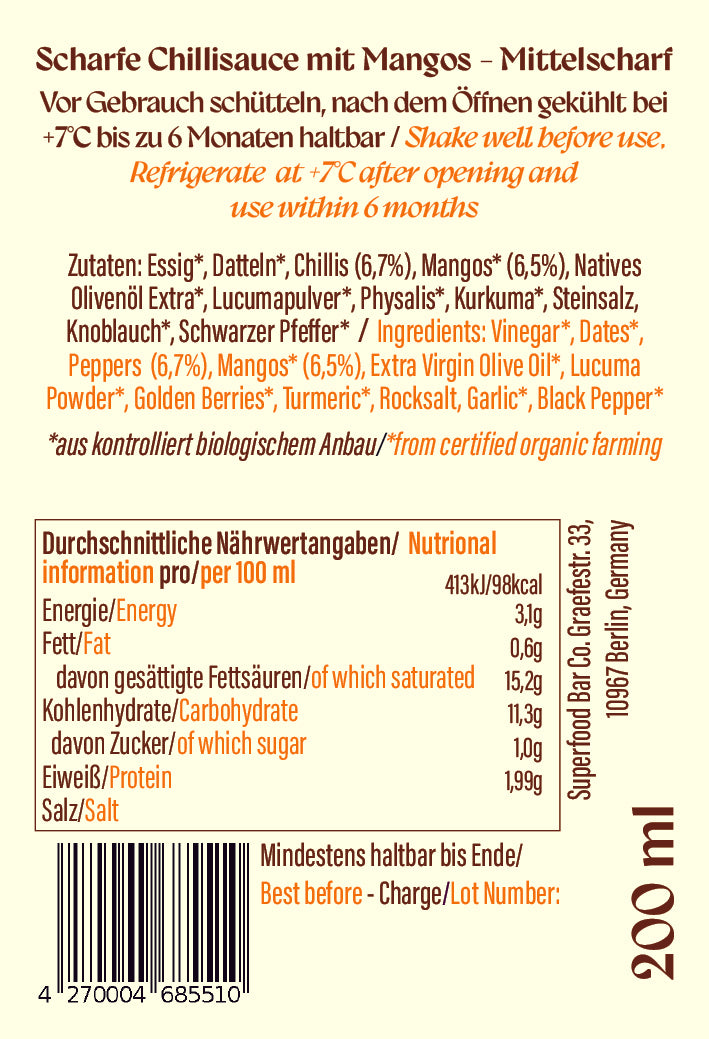 Back label of Golden Mango hot sauce showing nutritional information