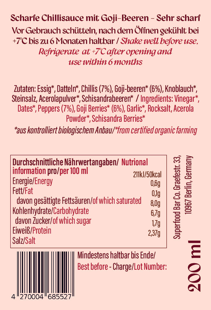 Back label of Red Hot Goji hot sauce showing nutritional information